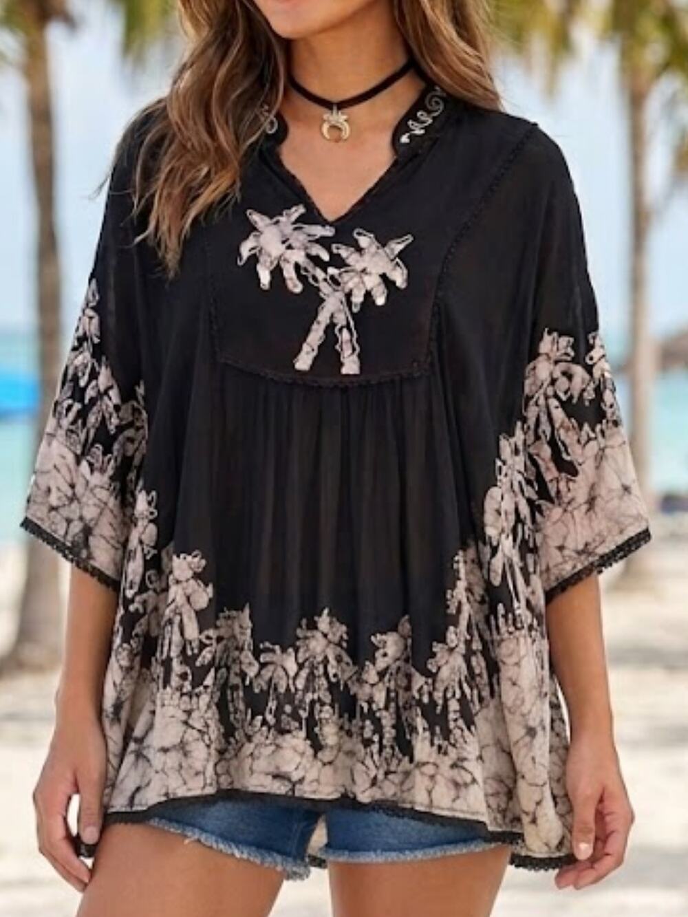 ADVANCED APPARELS Black Batik Free Size Boho Cotton Handkerchief Hem Top